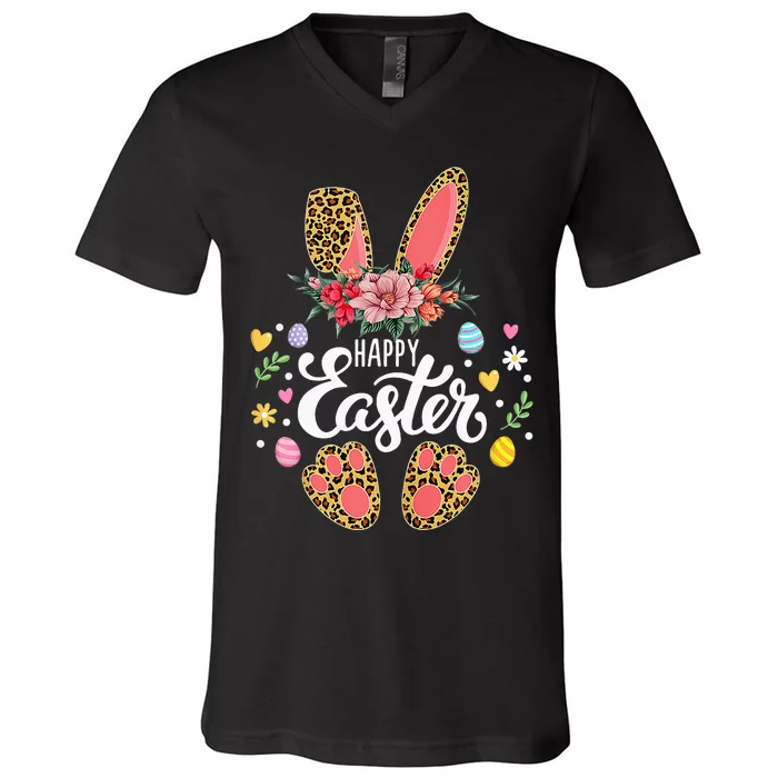 Happy Easter Bunny Leopard Easter Egg Hunt Squad Easter Day V-Neck T-Shirt