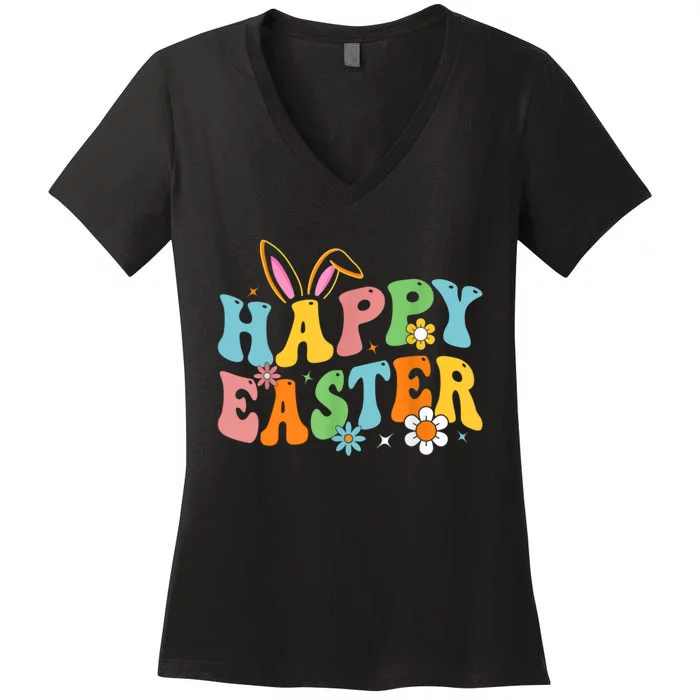 Happy Easter Bunny Rabbit Face Funny Groovy Easter Day Women's V-Neck T-Shirt