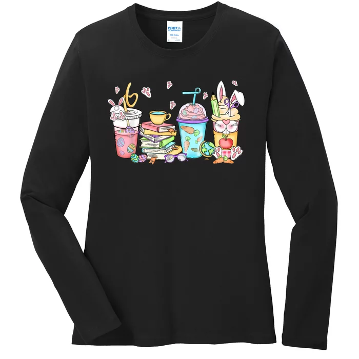 Happy Easter Bunny Coffee Lover Latte Iced Coffee Easter Day Ladies Long Sleeve Shirt