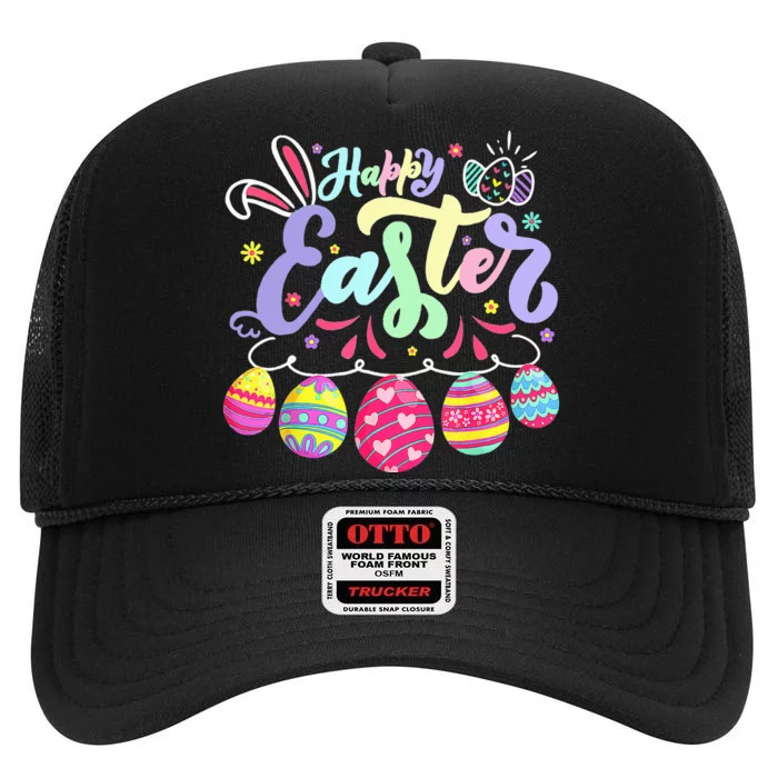 Happy Easter Bunny Spring Easter Egg Hunt Easter High Crown Mesh Trucker Hat