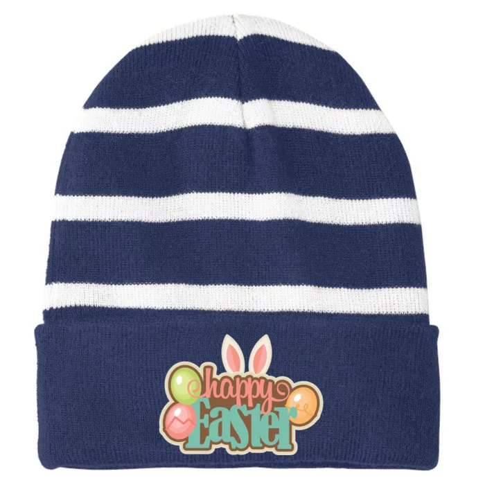 Happy Easter Bunny Ears Holiday Striped Beanie with Solid Band