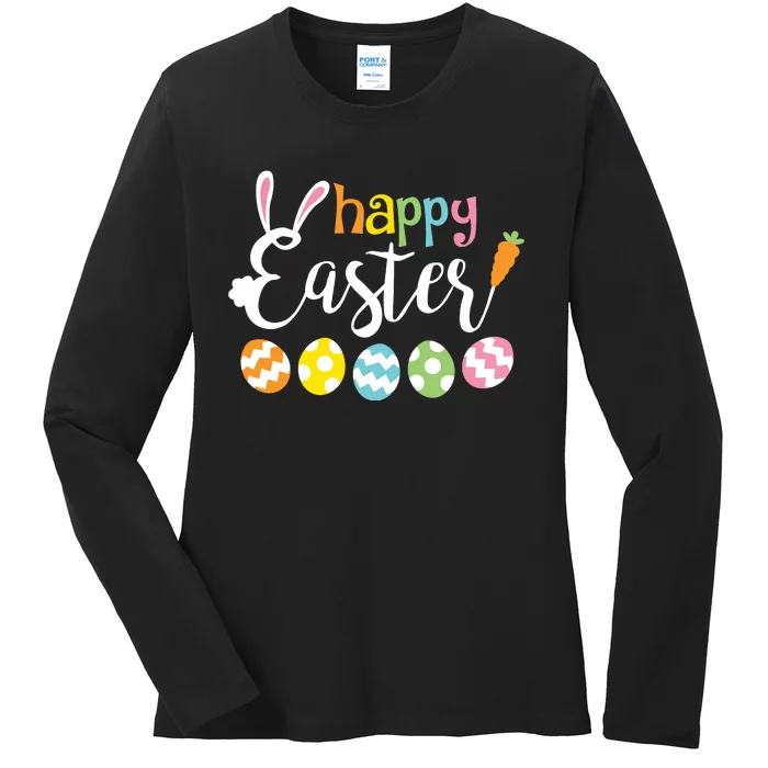 Happy Easter Bunny Rabbit Face Funny Easter Day Ladies Long Sleeve Shirt