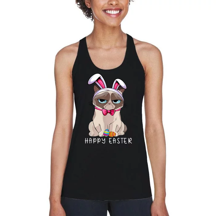 Happy Easter Bunny Funny Pajama Dress Cat Grumpy Rabbit Ears Women's Racerback Tank