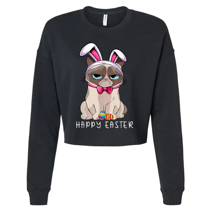 Happy Easter Bunny Funny Pajama Dress Cat Grumpy Rabbit Ears Cropped Pullover Crew