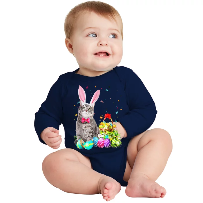 Happy Easter Cute Bunny Cat Eggs Basket Men Women Funny Baby Long Sleeve Bodysuit