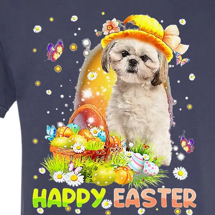 Happy Easter Cute Bunny Dog Shih Tzu Eggs Basket Funny Dog Garment-Dyed Heavyweight T-Shirt