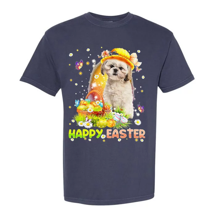 Happy Easter Cute Bunny Dog Shih Tzu Eggs Basket Funny Dog Garment-Dyed Heavyweight T-Shirt