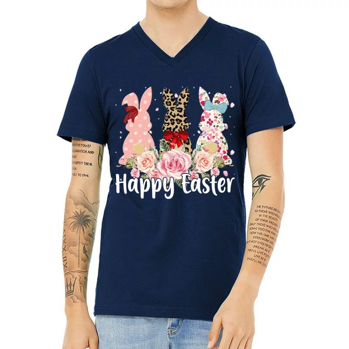 Happy Easter Cute Floral Bunnies V-Neck T-Shirt