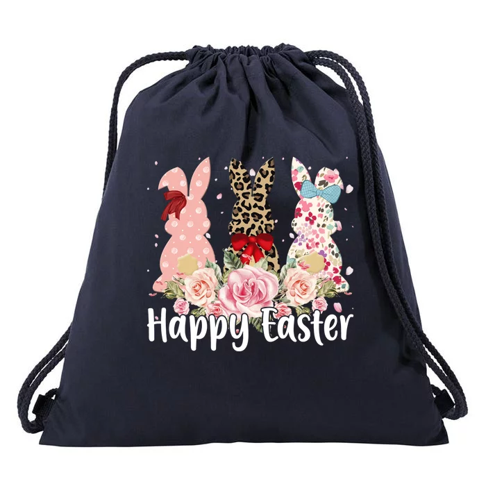 Happy Easter Cute Floral Bunnies Drawstring Bag