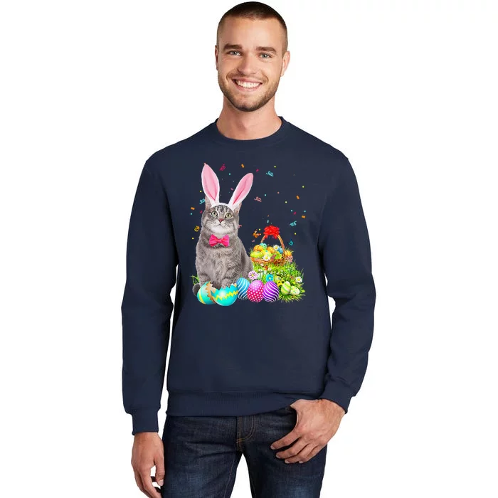 Happy Easter Cute Bunny Cat Eggs Basket Funny Tall Sweatshirt