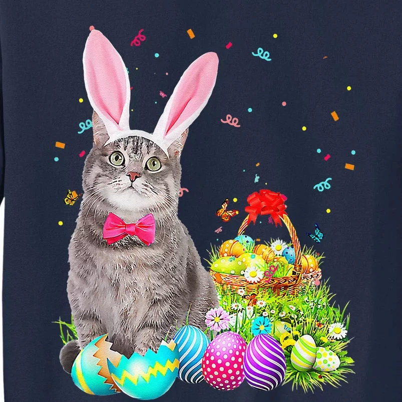 Happy Easter Cute Bunny Cat Eggs Basket Funny Tall Sweatshirt