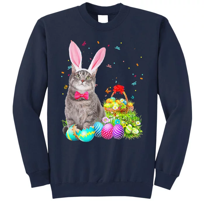 Happy Easter Cute Bunny Cat Eggs Basket Funny Tall Sweatshirt