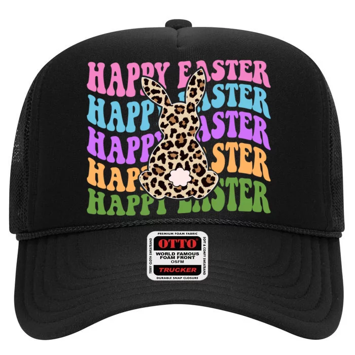 Happy Easter Cheetah Bunny Colorful Retro High Crown Mesh Trucker Hat