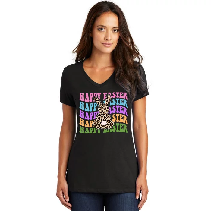 Happy Easter Cheetah Bunny Colorful Retro Women's V-Neck T-Shirt