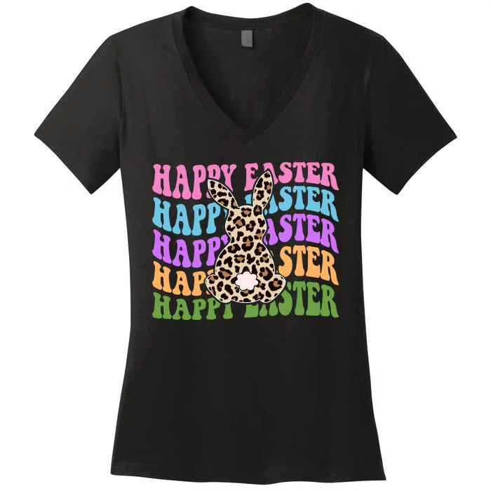 Happy Easter Cheetah Bunny Colorful Retro Women's V-Neck T-Shirt