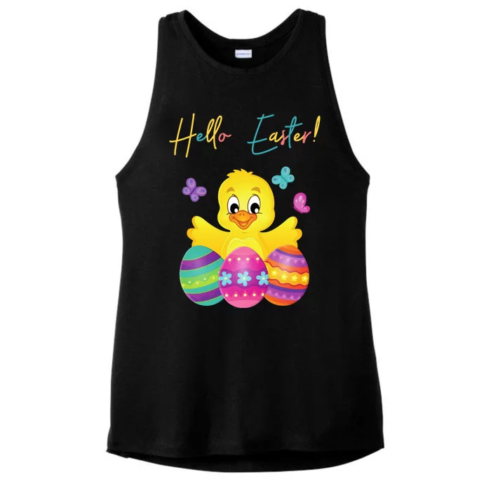 Hello Easter Cute Chick Holiday Ladies Tri-Blend Wicking Tank