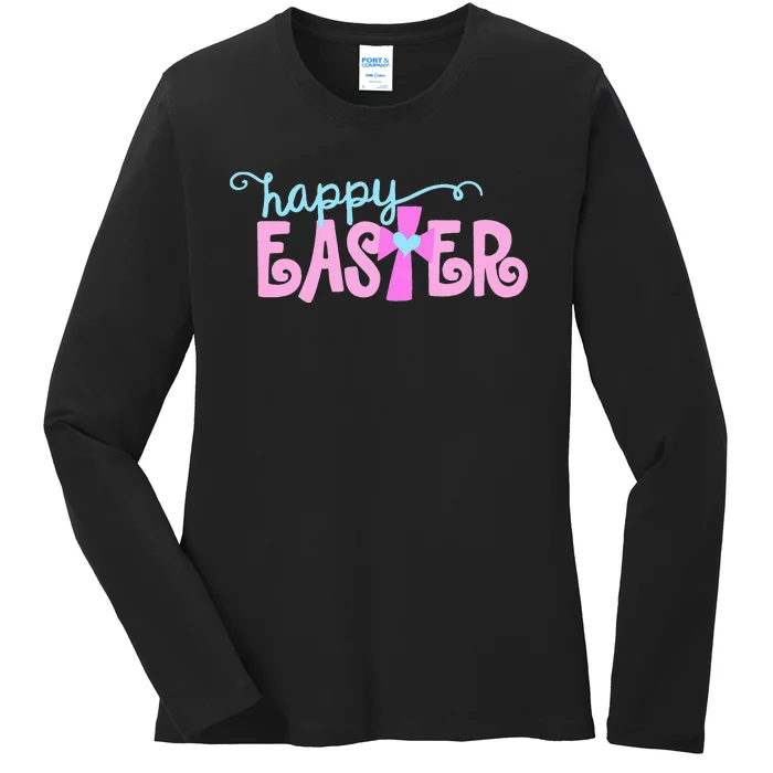 Happy Easter Cute Christian Jesus Saying Cross Heart Graphic Ladies Long Sleeve Shirt