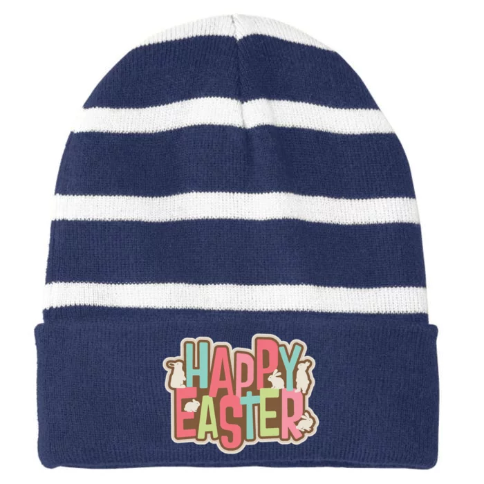 Happy Easter Colorful Bunny Striped Beanie with Solid Band