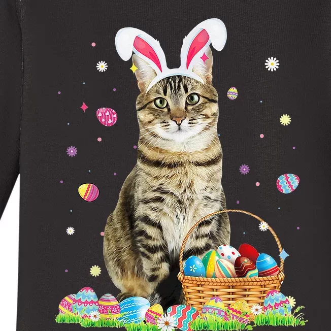 Happy Easter Cute Bunny Cat Eggs Basket Easter Cat Lovers Baby Long Sleeve Bodysuit