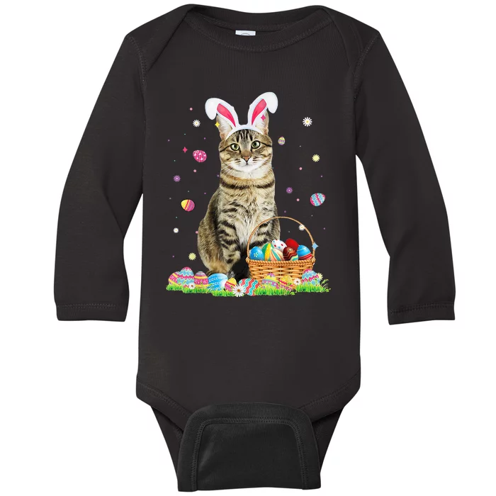 Happy Easter Cute Bunny Cat Eggs Basket Easter Cat Lovers Baby Long Sleeve Bodysuit