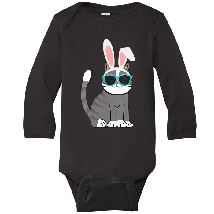 Happy Easter Cool Cat With Bunny Ears and Glasses Cat Lover Baby Long Sleeve Bodysuit