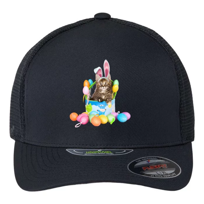 Happy Easter Cute Bunny Cat Eggs Basket Maine Coon Kitten Flexfit Unipanel Trucker Cap