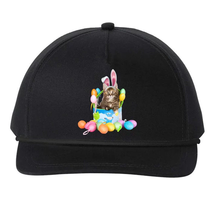 Happy Easter Cute Bunny Cat Eggs Basket Maine Coon Kitten Snapback Five-Panel Rope Hat