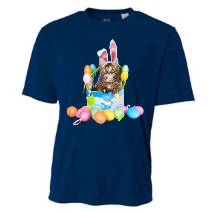 Happy Easter Cute Bunny Cat Eggs Basket Maine Coon Kitten Cooling Performance Crew T-Shirt