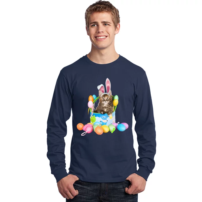 Happy Easter Cute Bunny Cat Eggs Basket Maine Coon Kitten Long Sleeve Shirt