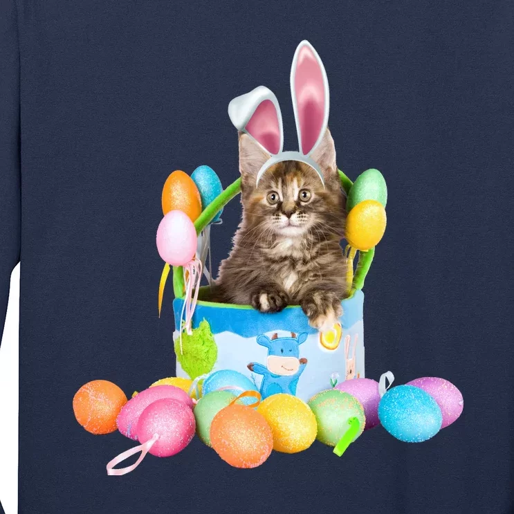 Happy Easter Cute Bunny Cat Eggs Basket Maine Coon Kitten Long Sleeve Shirt