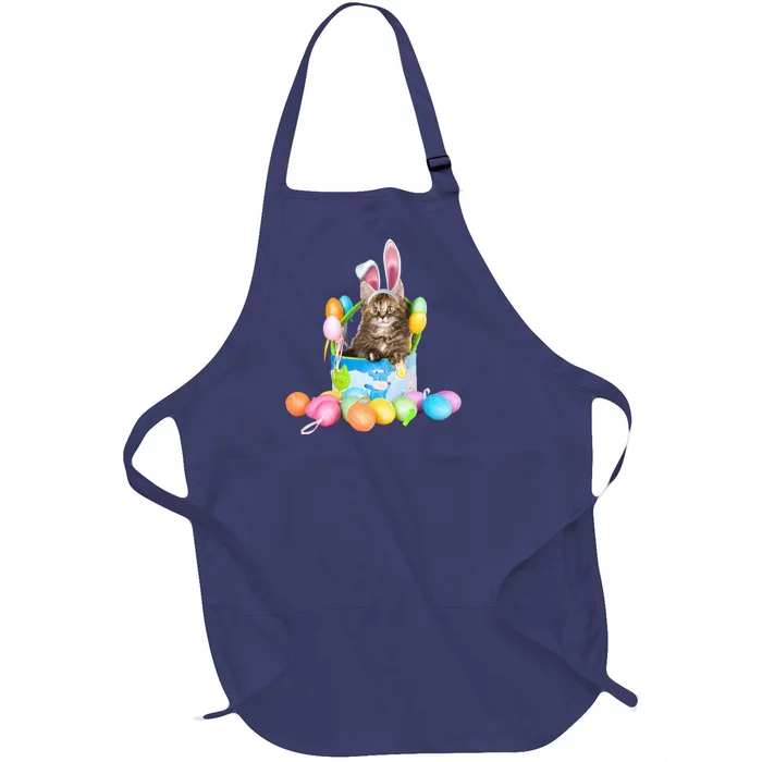 Happy Easter Cute Bunny Cat Eggs Basket Maine Coon Kitten Full-Length Apron With Pocket