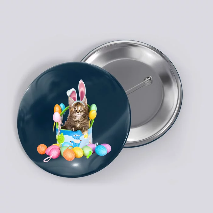 Happy Easter Cute Bunny Cat Eggs Basket Maine Coon Kitten Button