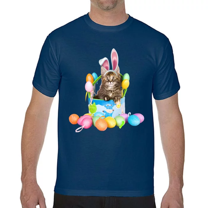 Happy Easter Cute Bunny Cat Eggs Basket Maine Coon Kitten Comfort Colors T-Shirt