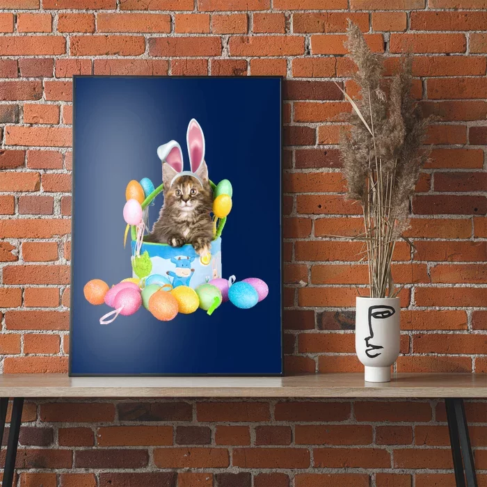 Happy Easter Cute Bunny Cat Eggs Basket Maine Coon Kitten Poster