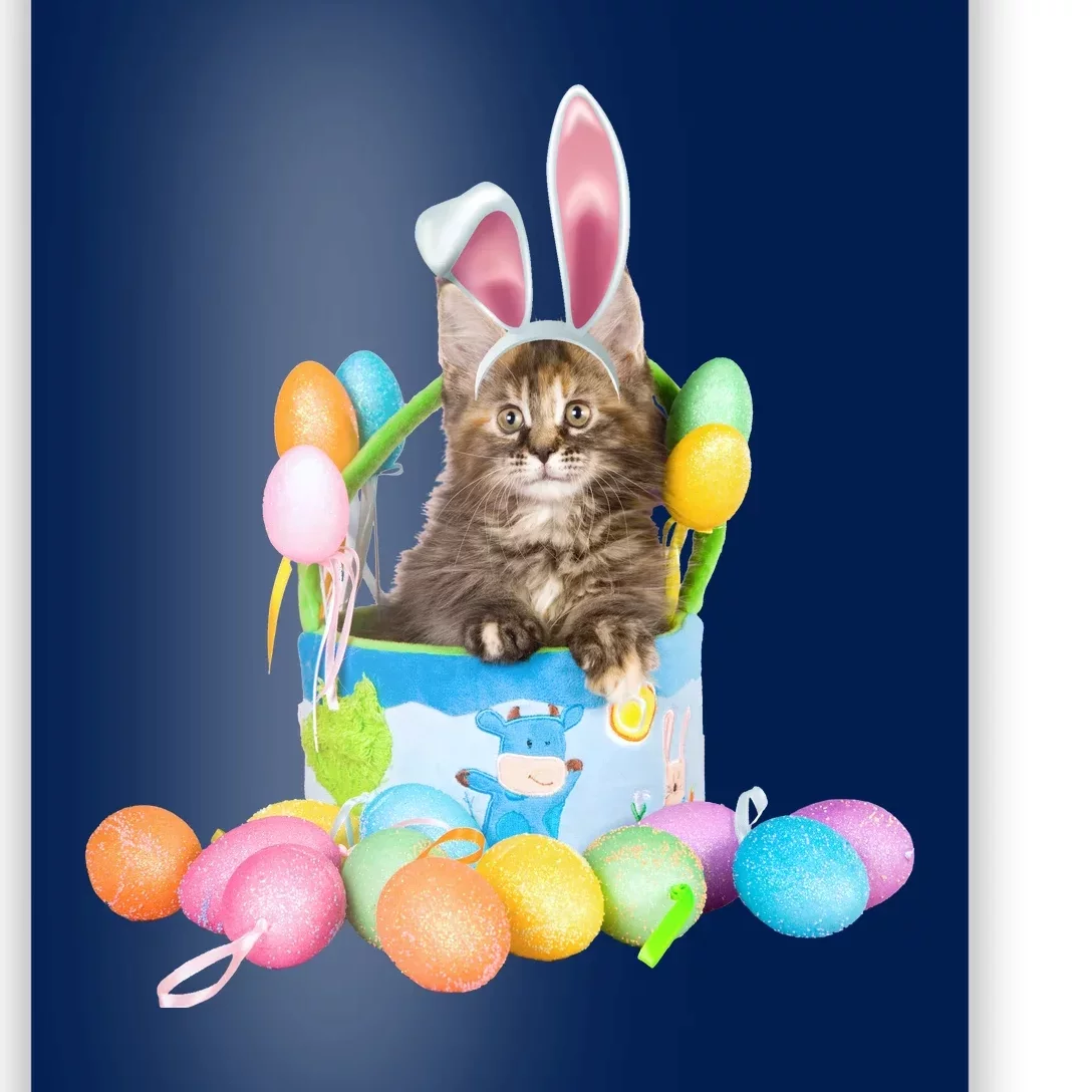 Happy Easter Cute Bunny Cat Eggs Basket Maine Coon Kitten Poster