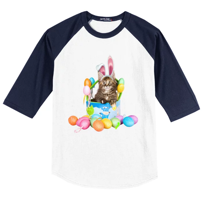 Happy Easter Cute Bunny Cat Eggs Basket Maine Coon Kitten Baseball Sleeve Shirt