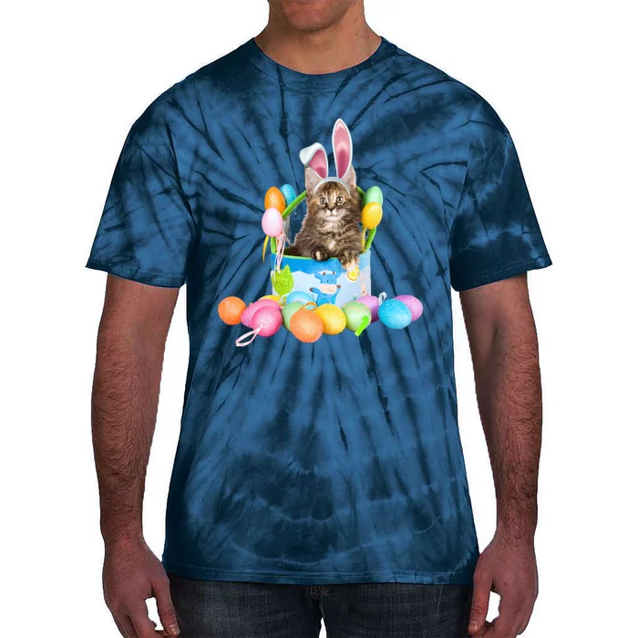 Happy Easter Cute Bunny Cat Eggs Basket Maine Coon Kitten Tie-Dye T-Shirt