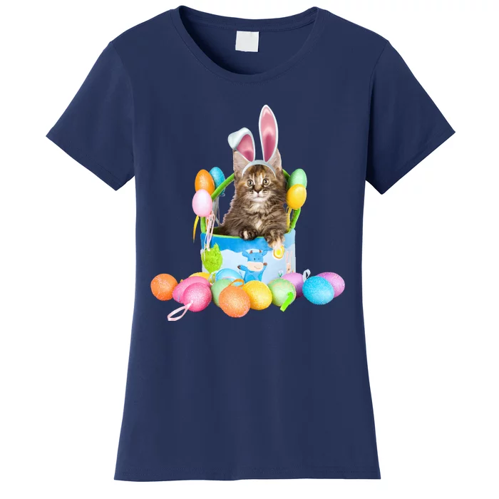 Happy Easter Cute Bunny Cat Eggs Basket Maine Coon Kitten Women's T-Shirt