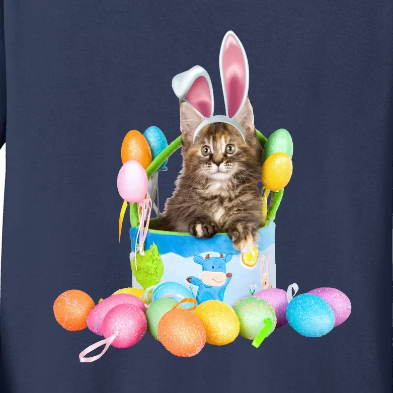 Happy Easter Cute Bunny Cat Eggs Basket Maine Coon Kitten Kids Long Sleeve Shirt