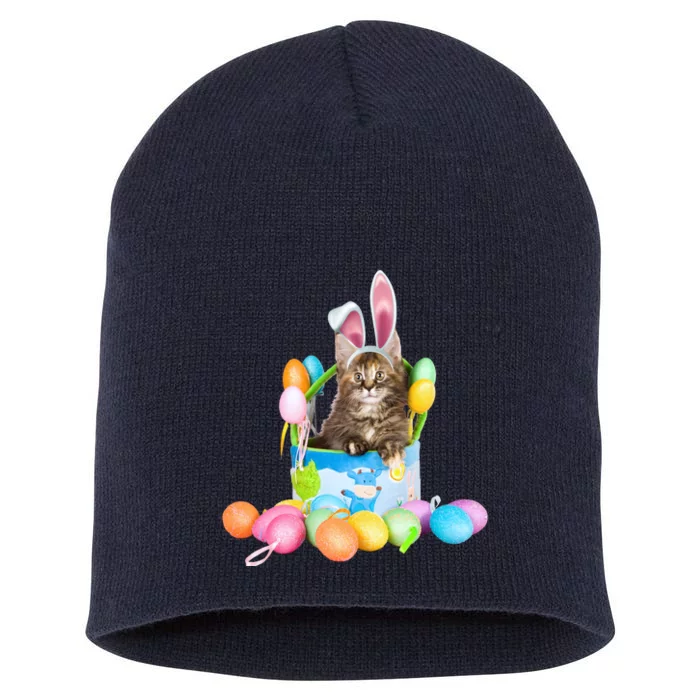 Happy Easter Cute Bunny Cat Eggs Basket Maine Coon Kitten Short Acrylic Beanie