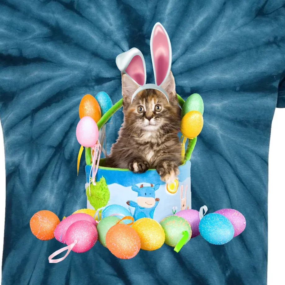 Happy Easter Cute Bunny Cat Eggs Basket Maine Coon Kitten Kids Tie-Dye T-Shirt