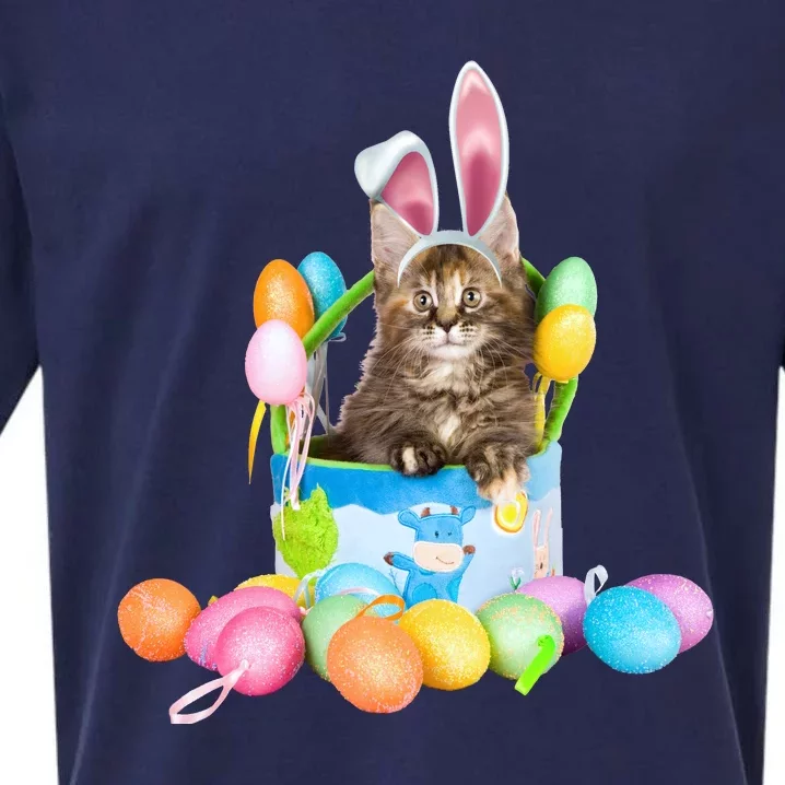 Happy Easter Cute Bunny Cat Eggs Basket Maine Coon Kitten Sueded Cloud Jersey T-Shirt