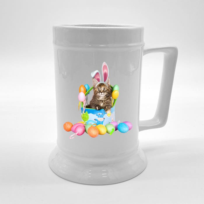 Happy Easter Cute Bunny Cat Eggs Basket Maine Coon Kitten Front & Back Beer Stein