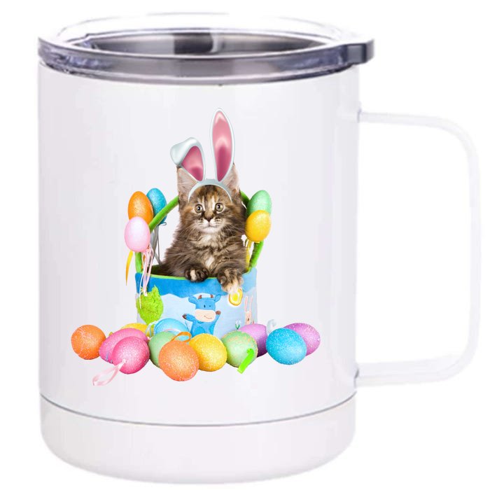 Happy Easter Cute Bunny Cat Eggs Basket Maine Coon Kitten Front & Back 12oz Stainless Steel Tumbler Cup