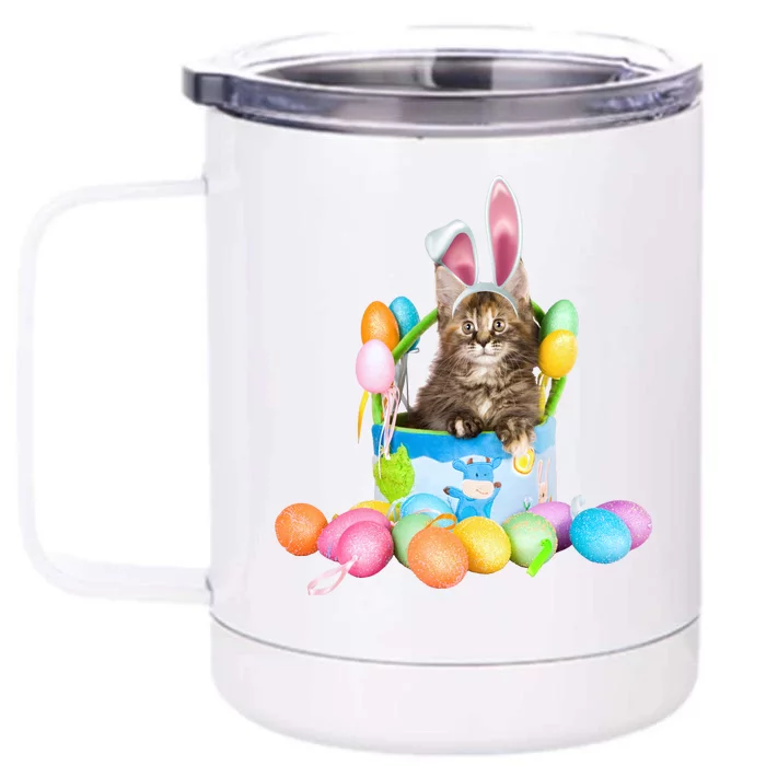 Happy Easter Cute Bunny Cat Eggs Basket Maine Coon Kitten Front & Back 12oz Stainless Steel Tumbler Cup