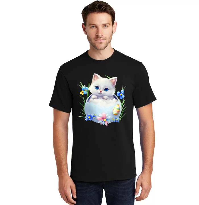 Happy Easter Cute Cat Eggs Basket Easter Day Cat Lover Tall T-Shirt