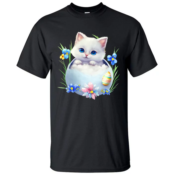 Happy Easter Cute Cat Eggs Basket Easter Day Cat Lover Tall T-Shirt