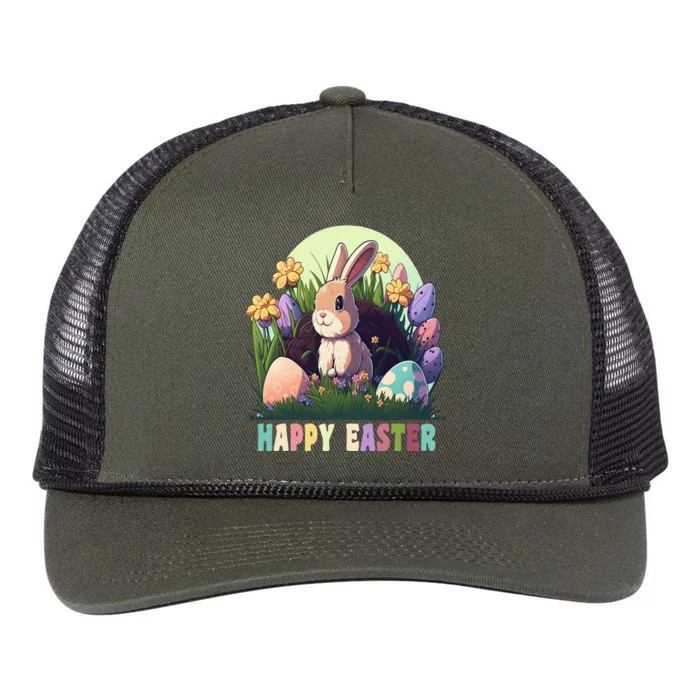 Happy Easter Cute Rabbit Bunny Easter Eggs Basket Flowers Retro Rope Trucker Hat Cap