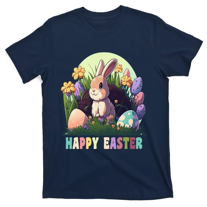 Happy Easter Cute Rabbit Bunny Easter Eggs Basket Flowers T-Shirt