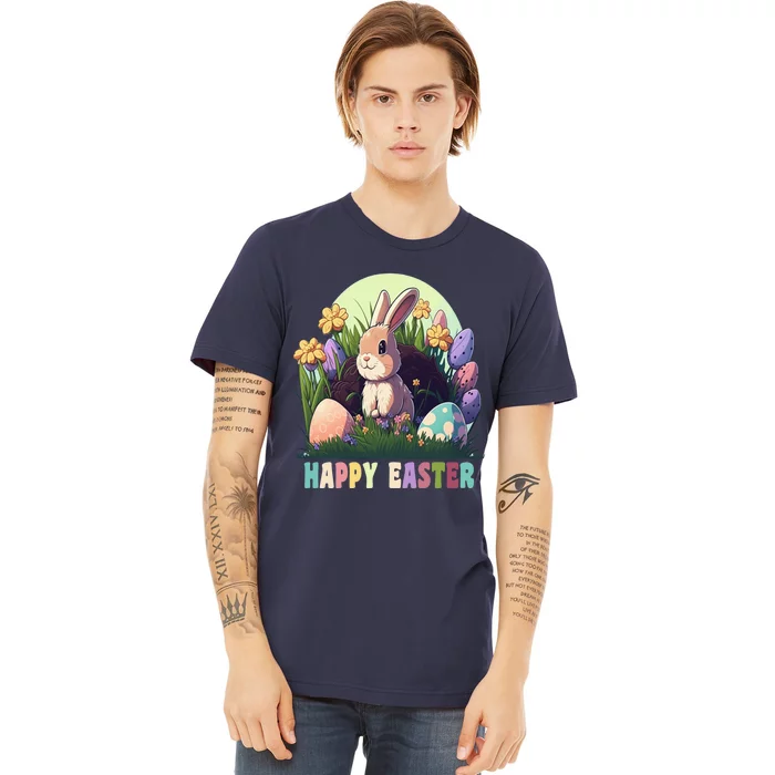 Happy Easter Cute Rabbit Bunny Easter Eggs Basket Flowers Premium T-Shirt